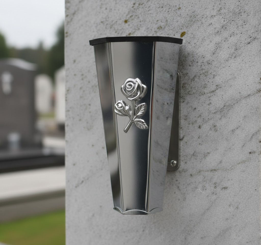 Jarrón con Rosa de Acero Inox. para Flores | 17 cm | Jarrón Funerario para Lápidas y Nichos