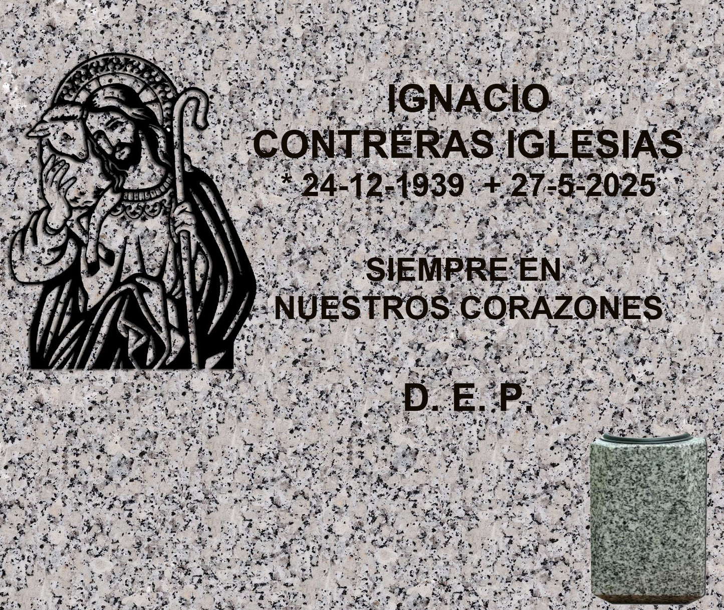 Lápida de nicho con Buen Pastor y jarrón, grabado profesional en Madrid. Fabricación personalizada