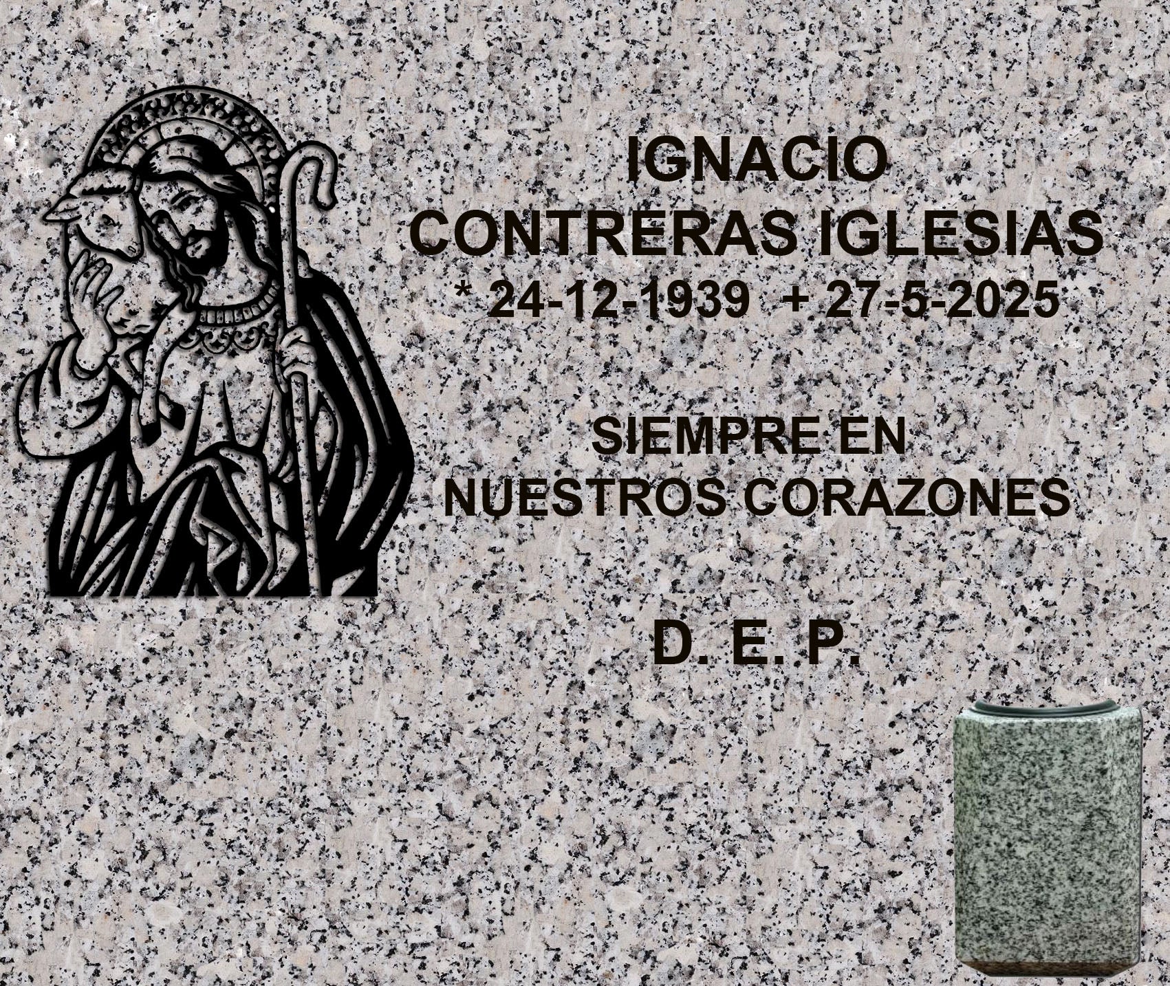 Lápida de nicho con Buen Pastor y jarrón, grabado profesional en Madrid. Fabricación personalizada