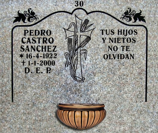 Lápida de nicho con cruz con espigas y jardinera, grabado profesional en Madrid. Fabricación, personalización e instalación según normativa del cementerio. Memorial Spain.