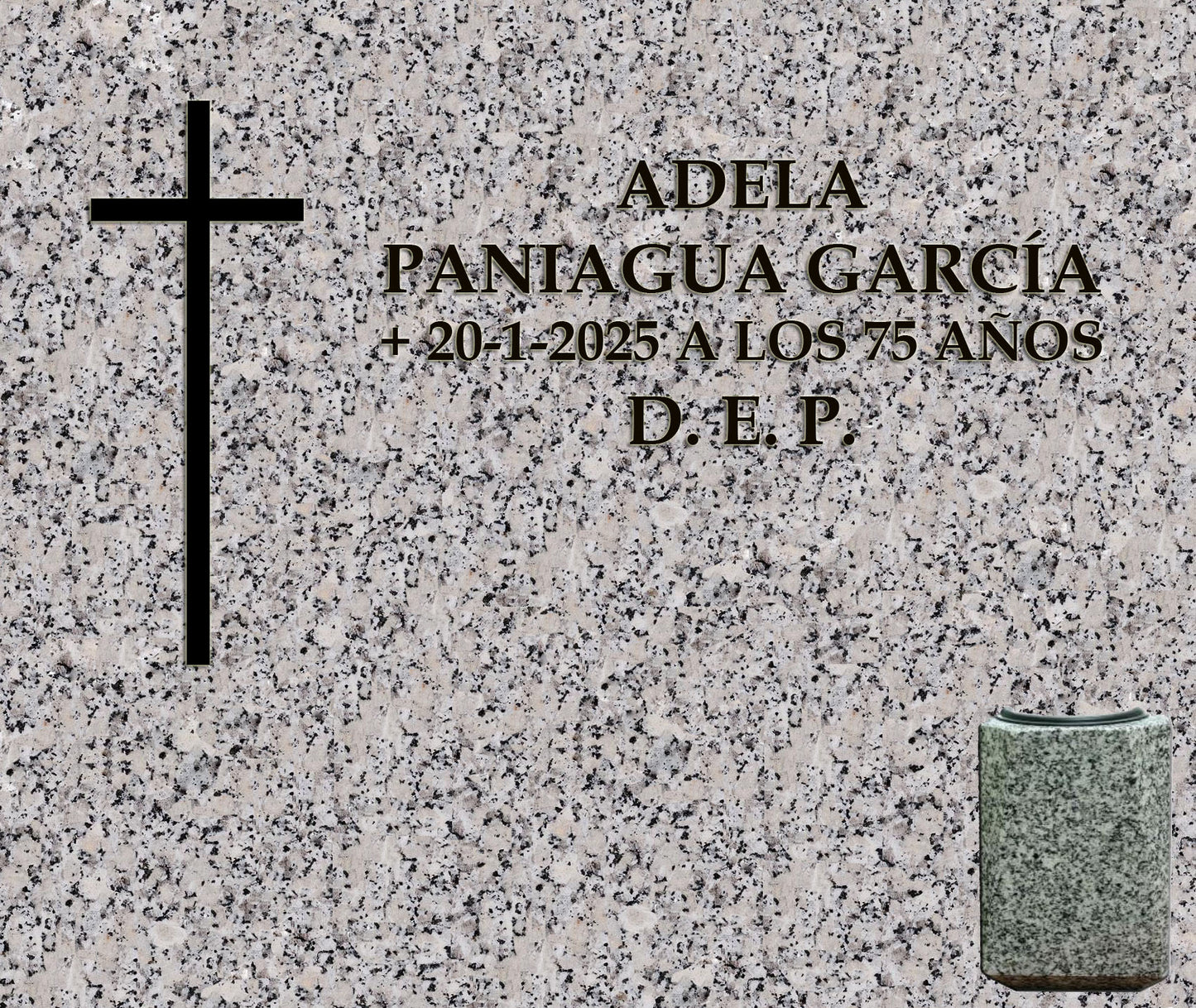 Lápida de nicho con cruz grabada y jarrón, grabado profesional en Madrid. Fabricación, personalización e instalación según normativa del cementerio. Memorial Spain.