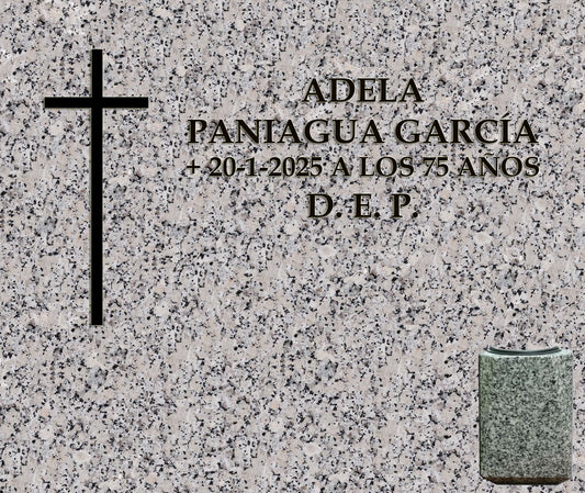 Lápida de nicho con cruz grabada y jarrón, grabado profesional en Madrid. Fabricación, personalización e instalación según normativa del cementerio. Memorial Spain.