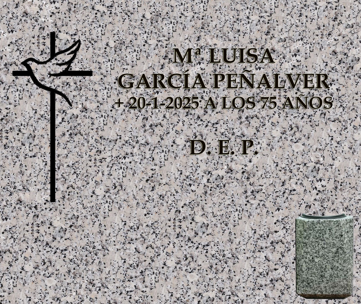 Lápida de nicho con cruz y paloma de la paz y jarrón, grabado profesional en Madrid. Fabricación, personalización e instalación según normativa del cementerio. Memorial Spain.