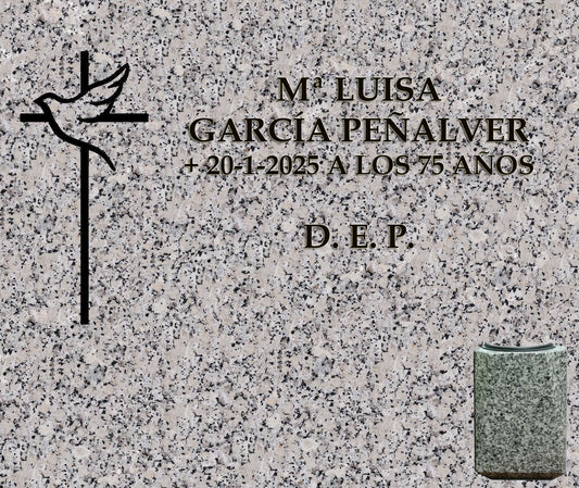 Lápida de nicho con cruz y paloma de la paz y jarrón, grabado profesional en Madrid. Fabricación, personalización e instalación según normativa del cementerio. Memorial Spain.