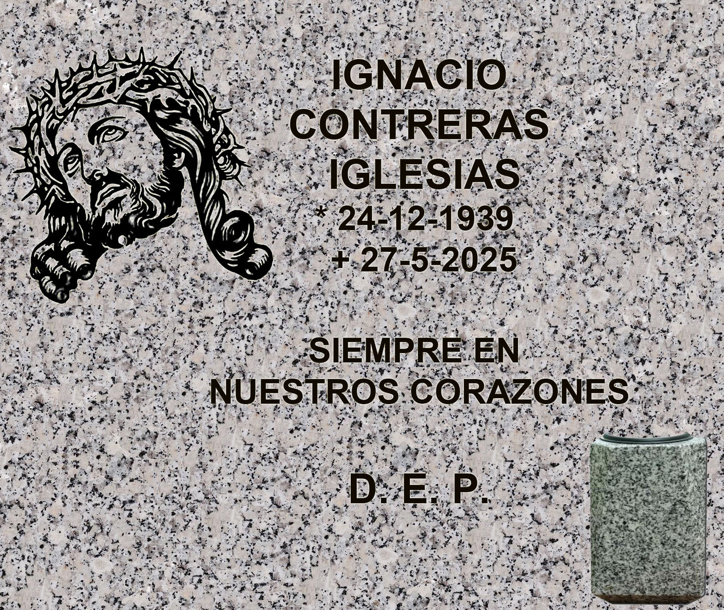 Decoración de Lápida de Nicho con El Ecce Homo e Inscripción Grabada y jarrón para flores en Madrid