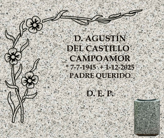 Lápida de nicho con marco de flores y jarrón, grabado profesional en Madrid. Fabricación, personalización e instalación según normativa del cementerio. Memorial Spain.