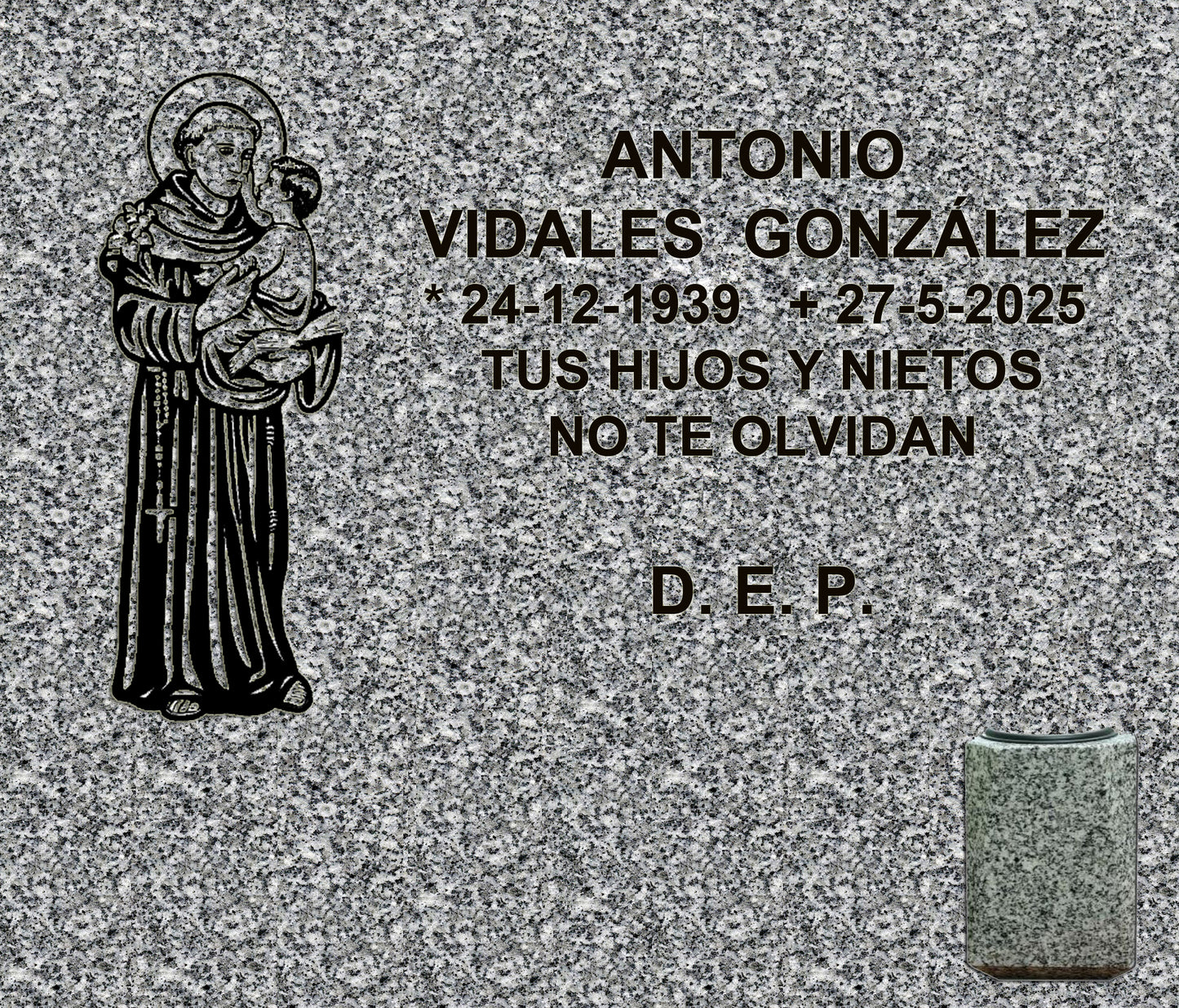 Decoración de Lápida de Nicho San Antonio e Inscripción Grabada y jarrón para flores en Madrid