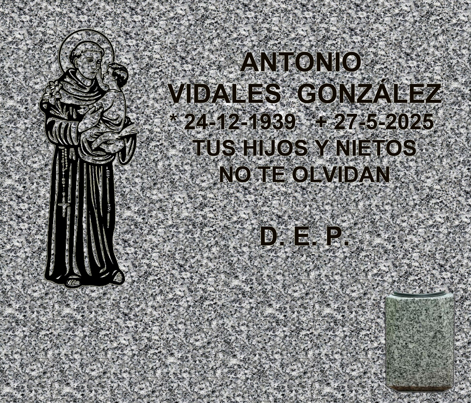 Decoración de Lápida de Nicho San Antonio e Inscripción Grabada y jarrón para flores en Madrid