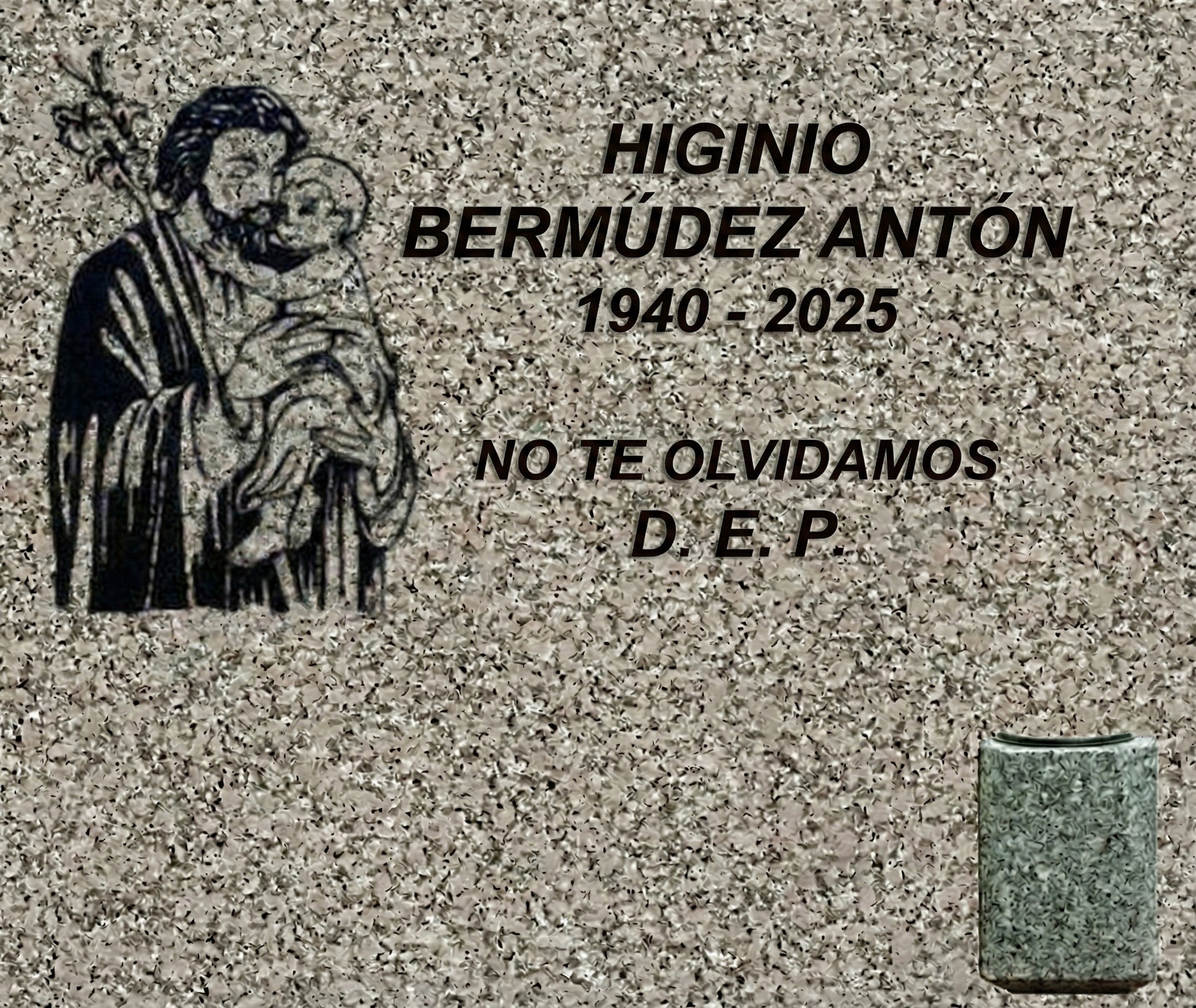 Lápida de nicho con San José y jarrón, grabado profesional en Madrid. Fabricación, personalización e instalación según normativa del cementerio. Memorial Spain.