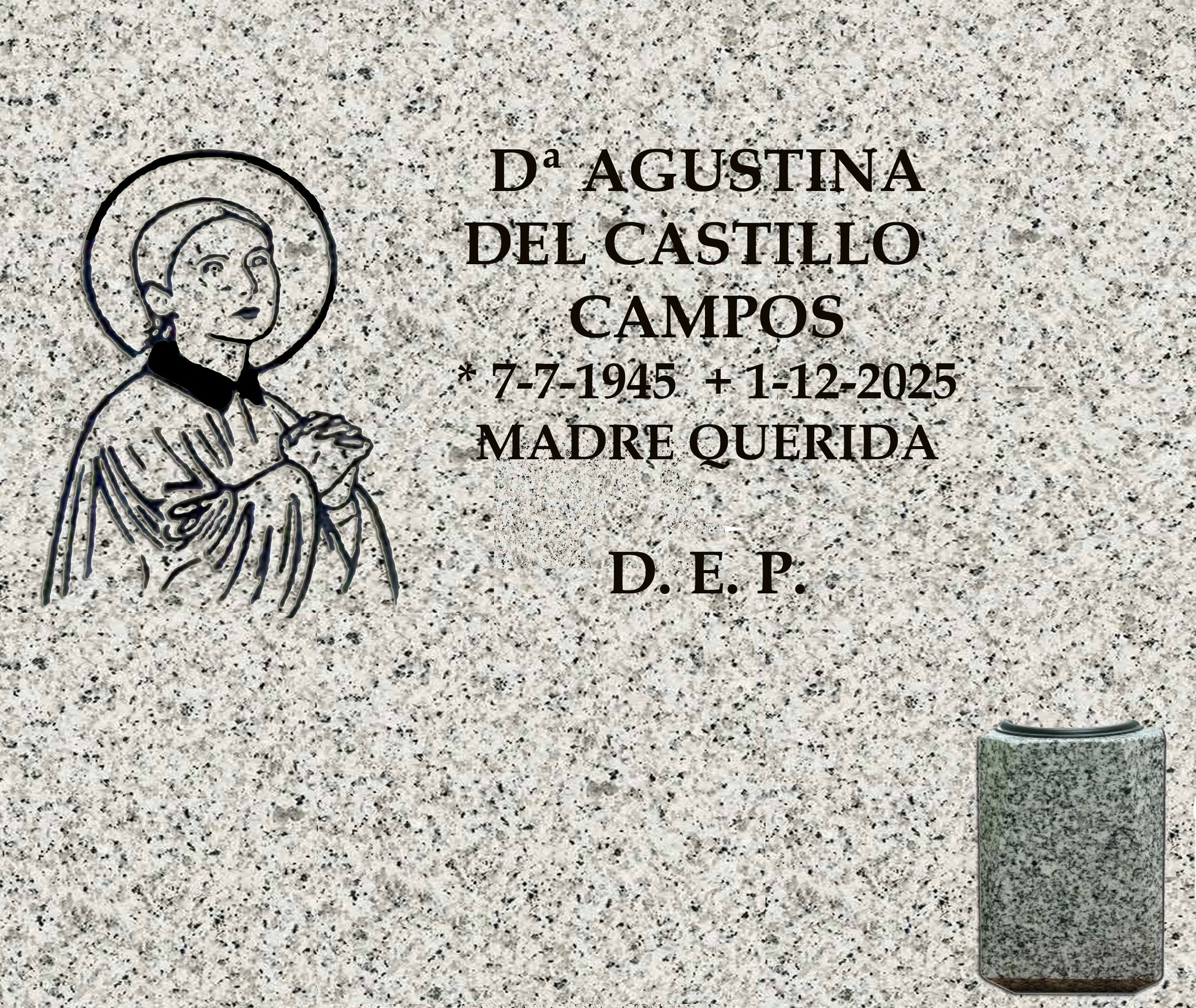 Lápida de nicho con Santa Gema y jarrón, grabado profesional en Madrid. Fabricación, personalización e instalación según normativa del cementerio. Memorial Spain.