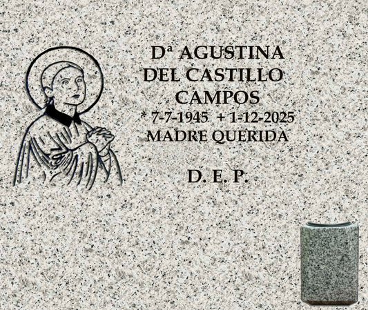 Lápida de nicho con Santa Gema y jarrón, grabado profesional en Madrid. Fabricación, personalización e instalación según normativa del cementerio. Memorial Spain.