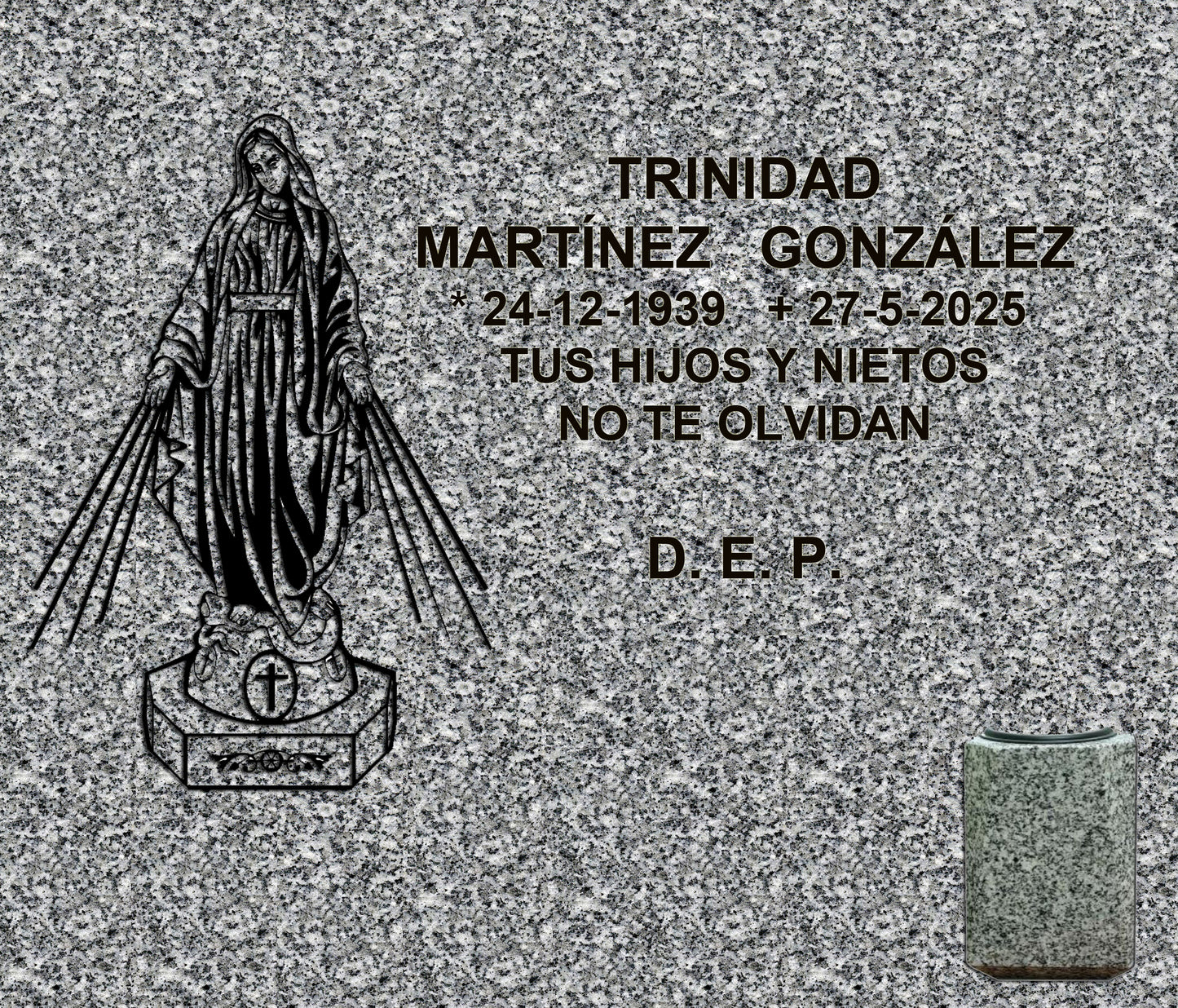 Decoración de Lápida de Nicho con Virgen Milagrosa e Inscripción Grabada y jarrón para flores en Madrid