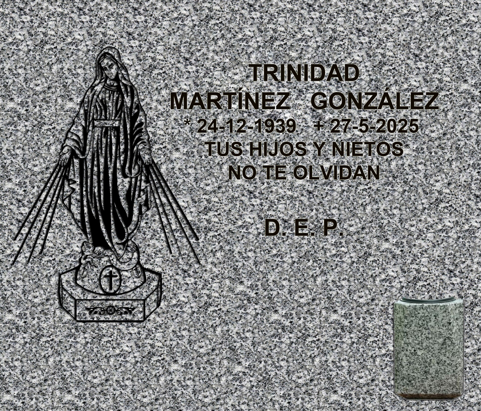 Decoración de Lápida de Nicho con Virgen Milagrosa e Inscripción Grabada y jarrón para flores en Madrid