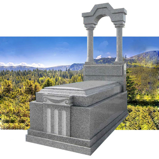 Lápida en granito Gris Quintana modelo arco y columnas de 20 cm, fabricada a medida para sepultura. Diseño clásico y servicio profesional en Madrid.