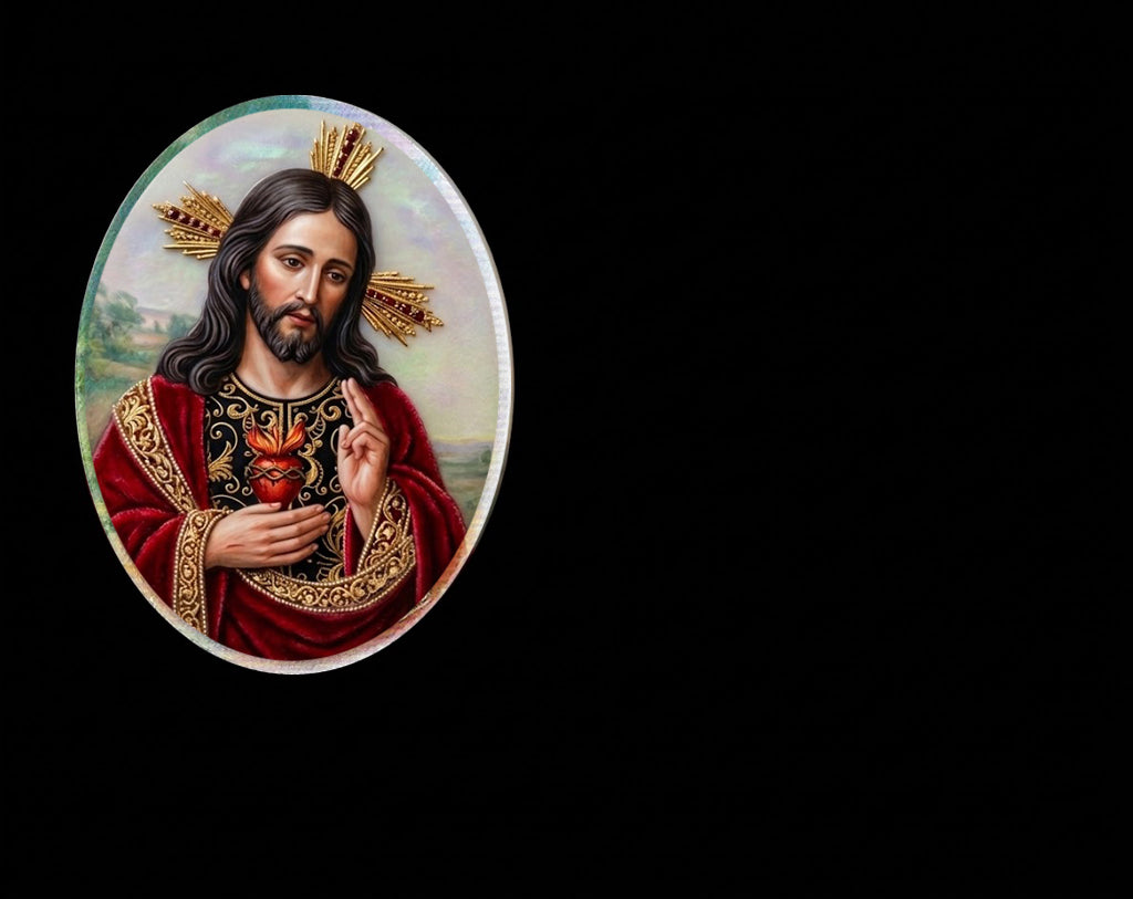 Lápida de nicho en granito premium con incrustación cerámica en volumen 3D del Sagrado Corazón de Jesús diseño personalizado referencia MP H65V.