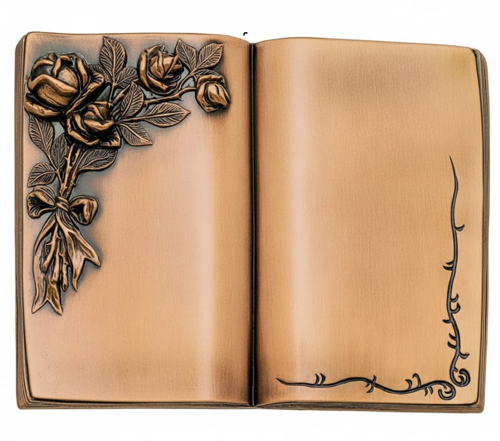 Libro de bronce para lápidas y panteones sin texto grabado. Disponible en dos medidas, con relieve de alta calidad y acabado duradero para exterior.