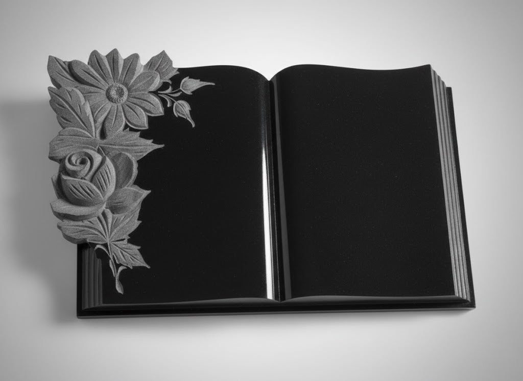 Libro de granito con ramo de flores tallado para lápidas y panteones. Grabado personalizable, acabado artesanal de alta calidad y envío a toda España.