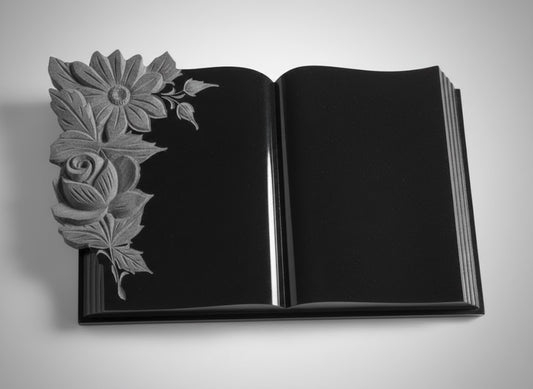 Libro de granito con ramo de flores tallado para lápidas y panteones. Grabado personalizable, acabado artesanal de alta calidad y envío a toda España.