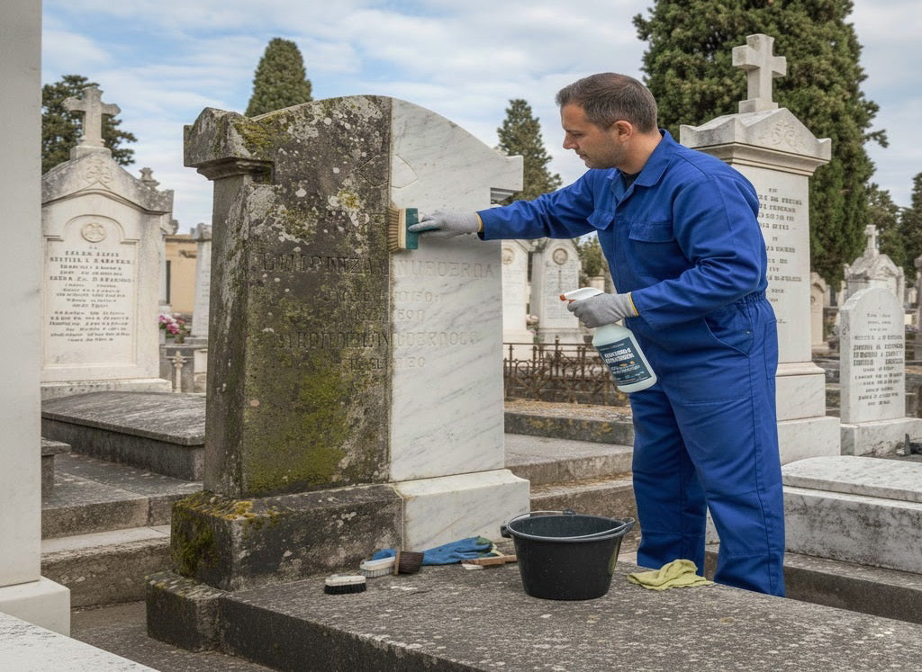 Servicio profesional de limpieza de lápidas y sepulturas en Madrid. Eliminamos manchas de humedad, óxido y verdín en mármol, granito y piedra con total respeto.