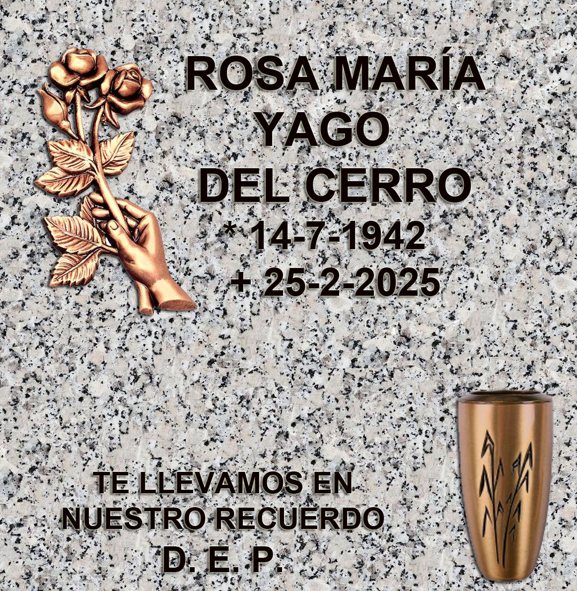 Mano con rosas en bronce para lápidas de columbario, con inscripción grabada y opción de jarrón de bronce para flores en Madrid. Diseño emotivo, elegante y duradero para cementerios. Memorial Spain.