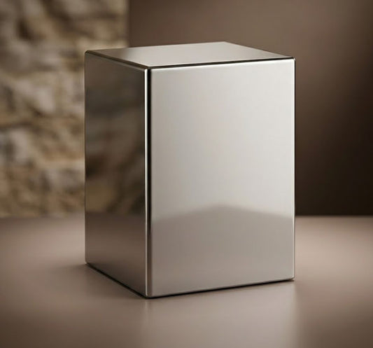 Mini urna funeraria modelo UR 3603 en acero inoxidable de alta resistencia, con diseño rectangular de líneas puras y acabado contemporáneo inalterable