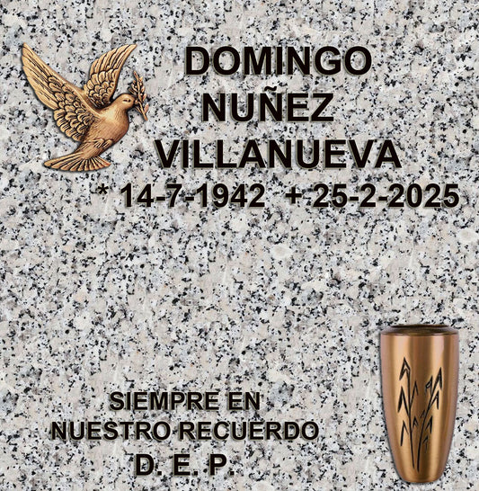 Paloma de la Paz en bronce para lápidas de columbario, con inscripción grabada y opción de jarrón de bronce para flores en Madrid. Diseño elegante, simbólico y duradero para cementerios. Memorial Spain.