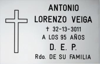 Placa de acero inoxidable Ref. RM01 con cruz y grabación personalizada para lápidas. Alta resistencia para exterior, grabado preciso y envío a toda España.