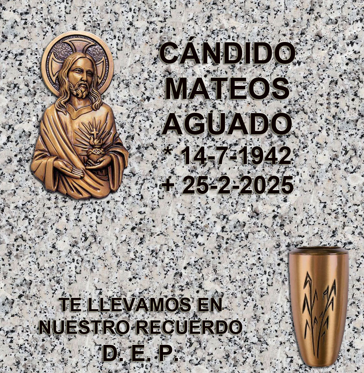 Sagrado Corazón de Jesús para lápidas de columbario, con inscripción grabada y opción de jarrón de granito para flores en Madrid. Diseño religioso elegante y duradero para cementerios. Memorial Spain.