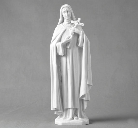 Compra la figura de Santa Rita en marmolina de 37 cm. Relieve plano de alta resistencia exterior, ideal para instalar en lápidas y nichos. Envío seguro.