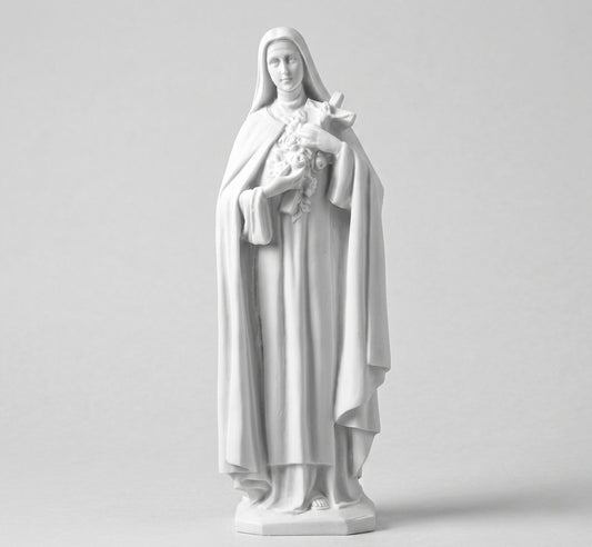 Compra la figura de Santa Rosa en marmolina de 37 cm. Relieve plano de alta resistencia exterior, ideal para instalar en lápidas y nichos. Envío seguro.