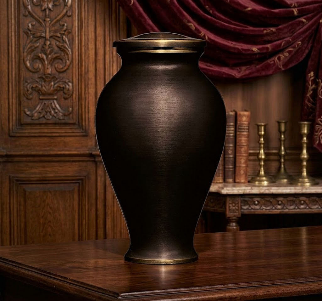 Urna funeraria de diseño exclusivo modelo UR 3678 en bronce negro con pátina envejecida y tres bandas doradas horizontales