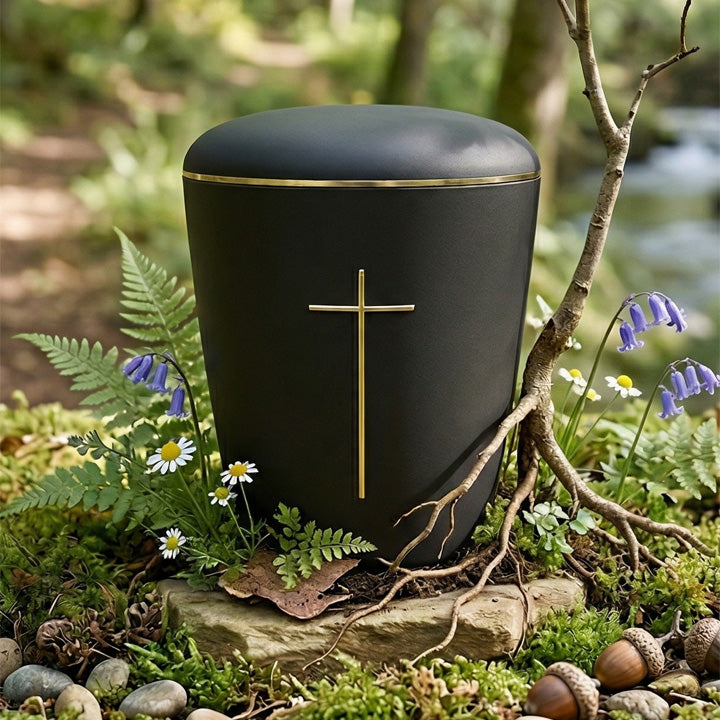 Urna funeraria ecológica de color negro mate con una cruz dorada grabada en el centro y una banda metalizada dorada en el borde superior, fotografiada sobre fondo boscoso