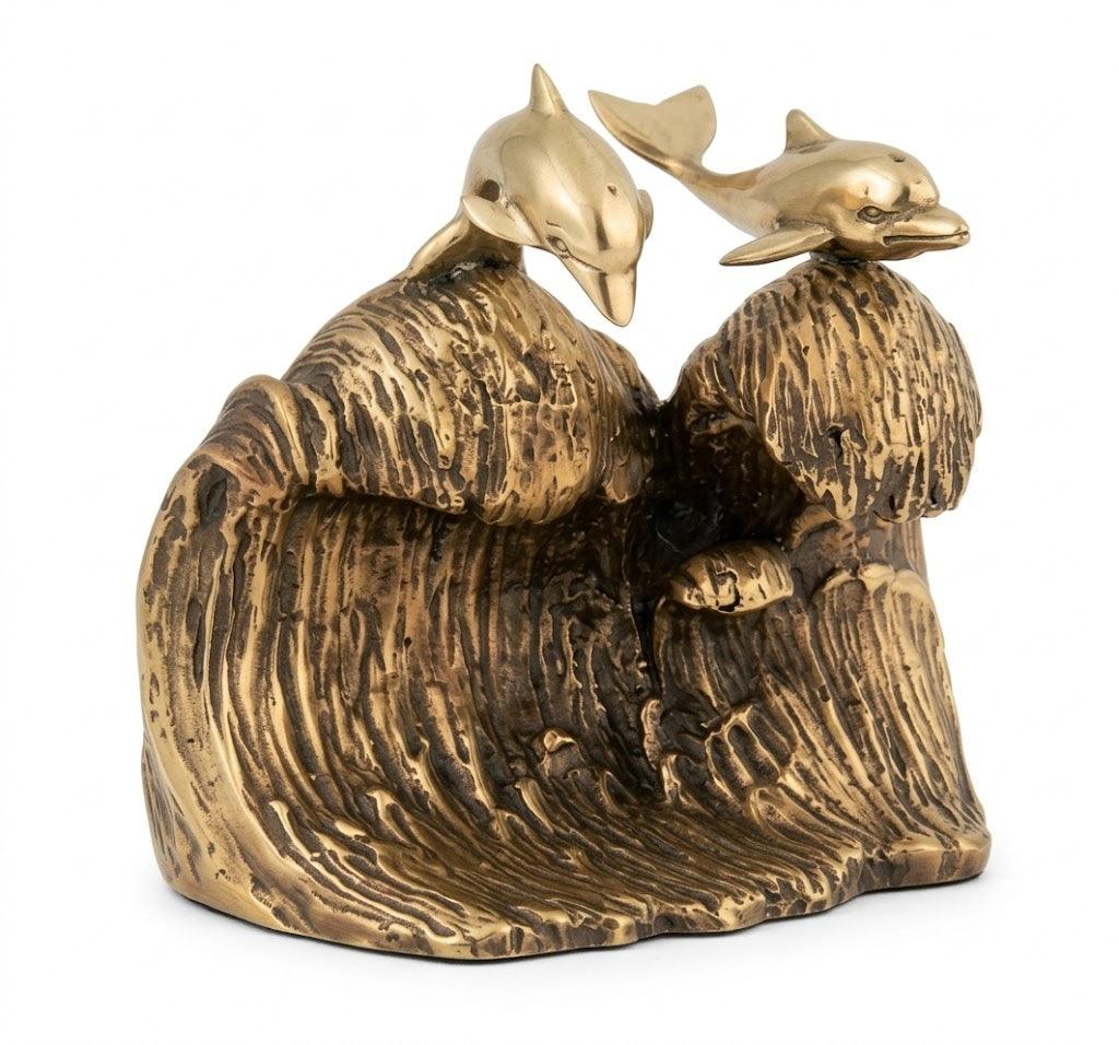 Urna artística de lujo modelo UR 3625, escultura de delfines en bronce y oro de 24K para cenizas, fabricada artesanalmente bajo pedido
