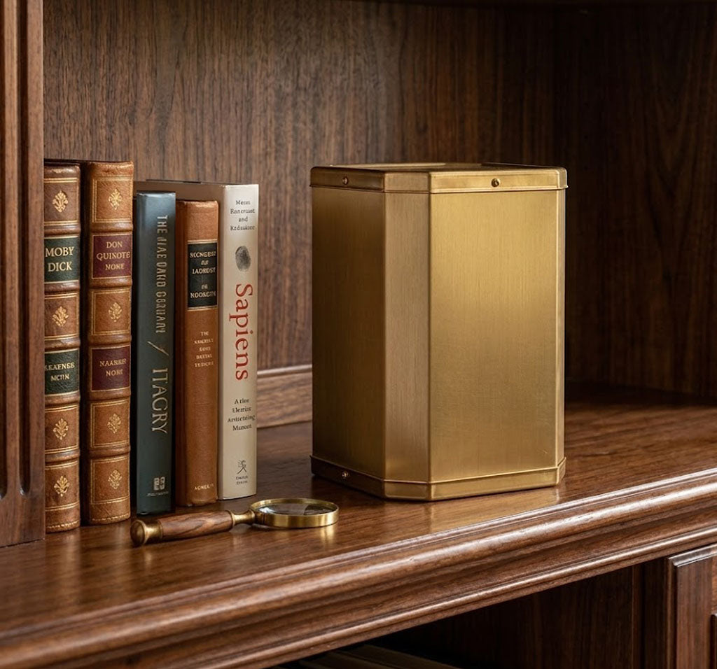 Urna funeraria de alta gama modelo UR 3640, fabricada en latón macizo con diseño octogonal y acabado pulido de lujo.