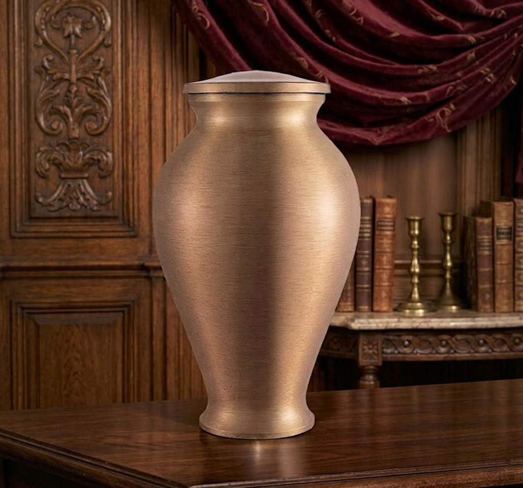 Urna funeraria de estilo griego modelo UR 3670, fabricada en bronce fundido con acabado satinado artesanal de alta gama.
