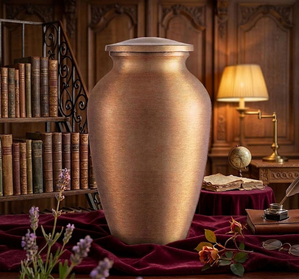 Urna funeraria premium modelo UR 3660 fabricada en bronce fundido con diseño arquitectónico de estilo romano clásico.