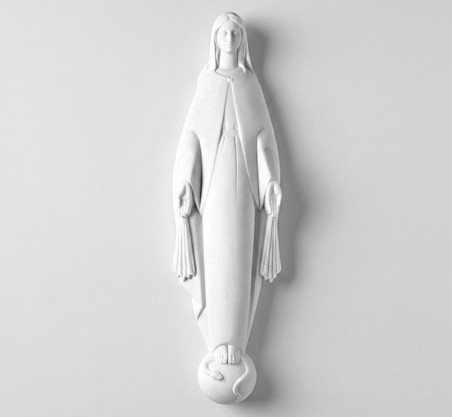 Compra la figura de la Virgen Milagrosa en marmolina de 42 cm. Una imagen de gran tamaño y exquisito detalle, perfecta para capillas, altares o el hogar.