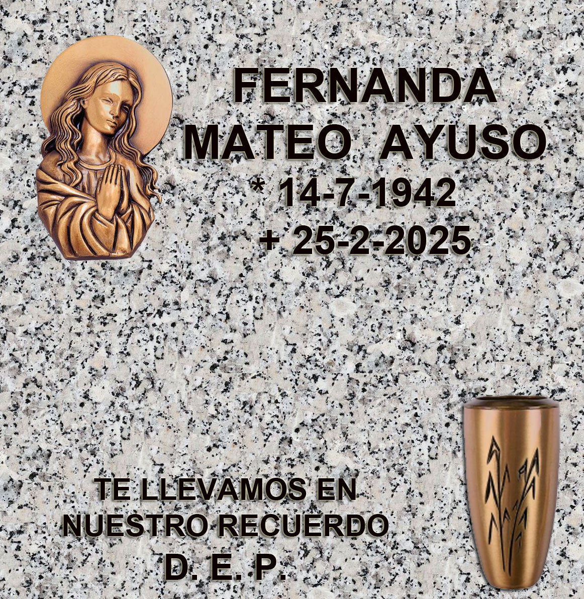 Virgen Niña en bronce para lápidas de columbario, con inscripción grabada y opción de jarrón de bronce para flores en Madrid. Diseño religioso elegante y duradero para cementerios. Memorial Spain.
