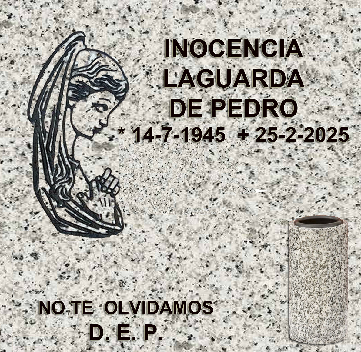 Virgen Niña tallada en granito para lápidas de columbario, con acabado artesanal e ideal para cementerios en Madrid. Diseño elegante, duradero y personalizable. Memorial Spain.