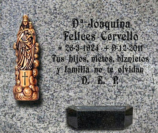 Decoración de Lápida de Nicho con La Virgen del Pilar en bronce, Inscripción Grabada y jardinera de granito para flores en Madrid