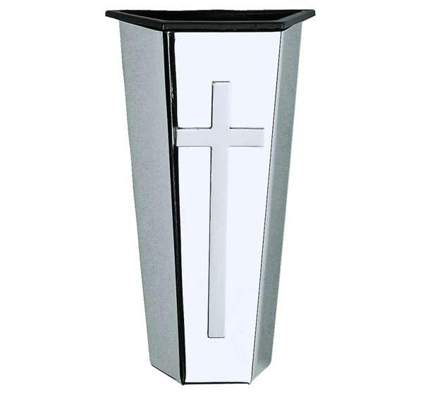 jarrón funerario de pared (17 cm) en acero inoxidable con elegante detalle de cruz. Alta resistencia para lápidas y nichos exteriores. Entra y descúbrelo.