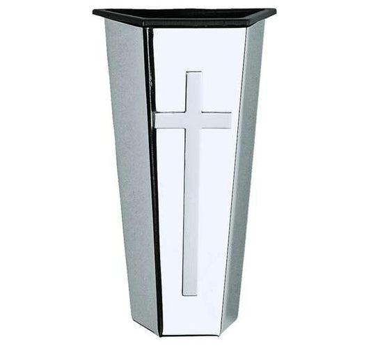 jarrón funerario de pared (17 cm) en acero inoxidable con elegante detalle de cruz. Alta resistencia para lápidas y nichos exteriores. Entra y descúbrelo.