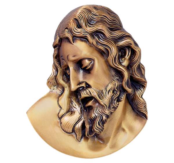 Cara de Cristo en bronce fundido de 27 cm (Ref. BR 5156). Instalación mediante taladro con pernos ocultos para una sujeción de alta seguridad en lápidas.