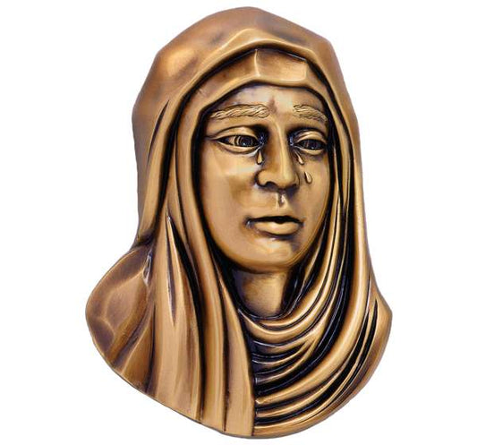 Relieve en bronce con el rostro de la Virgen Dolorosa (27 cm). Escultura detallada de alta calidad y resistencia exterior, ideal para lápidas y panteones. ¡Compra aquí!