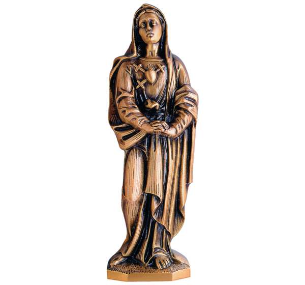 Hermosa escultura en relieve del Corazón de María en bronce fundido (35 cm). La pieza central perfecta y eterna para aportar dulzura, fe y elegancia a lápidas.