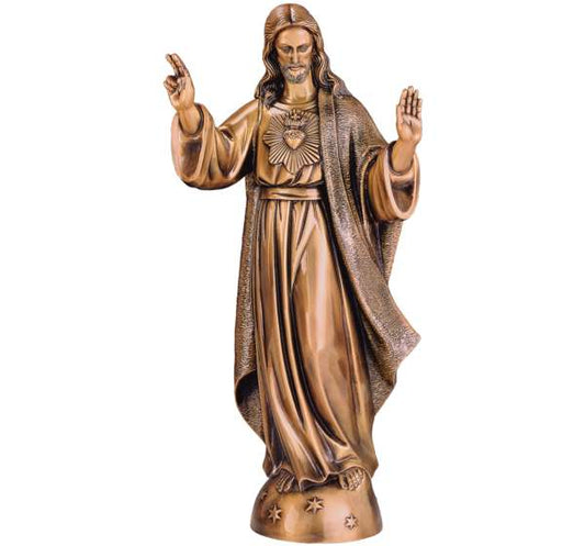 Imagen del Sagrado Corazón de Jesús en bronce para arte funerario. Disponible en 40, 61 y 82 cm. Máxima durabilidad en exterior para lápidas, nichos y panteones.