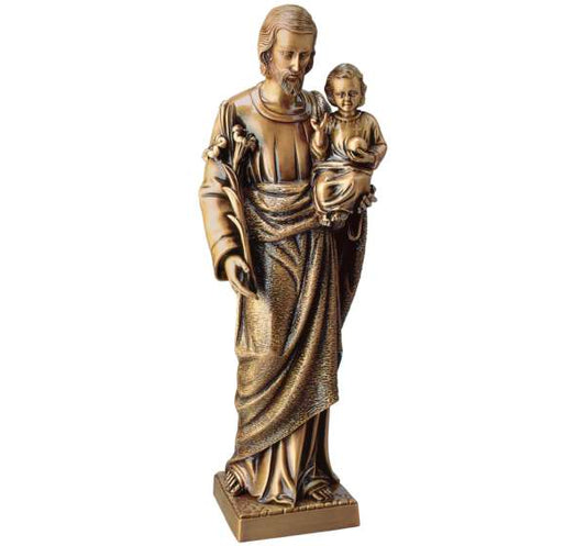 Imagen de San José en bronce para lápidas y panteones. Disponible en 45 cm y 80 cm. Escultura de alta resistencia ideal para exteriores. Calidad artesanal duradera.