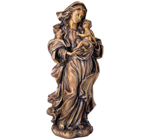 Imagen de la Virgen con Niño en bronce de 44 cm. Escultura de alta calidad para decoración de lápidas y panteones. Acabado artístico resistente a la intemperie.