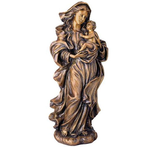Imagen de la Virgen con Niño en bronce de 44 cm. Escultura de alta calidad para decoración de lápidas y panteones. Acabado artístico resistente a la intemperie.
