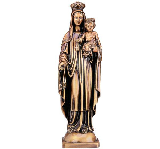 Imagen de la Virgen del Carmen en bronce de 50 cm. Escultura de alta calidad para lápidas, nichos grandes y panteones. Resistente a la corrosión y acabados artísticos.
